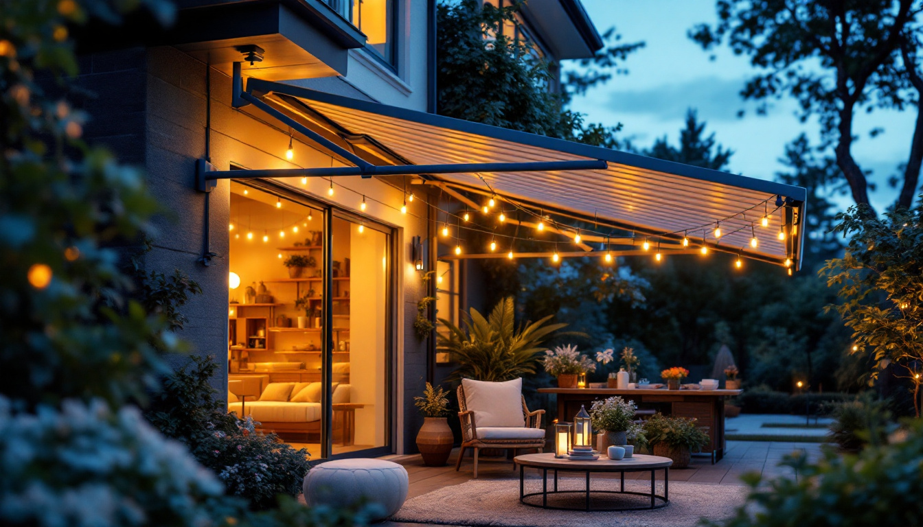 A photograph of a stylish portable awning ceiling light illuminating a cozy outdoor space