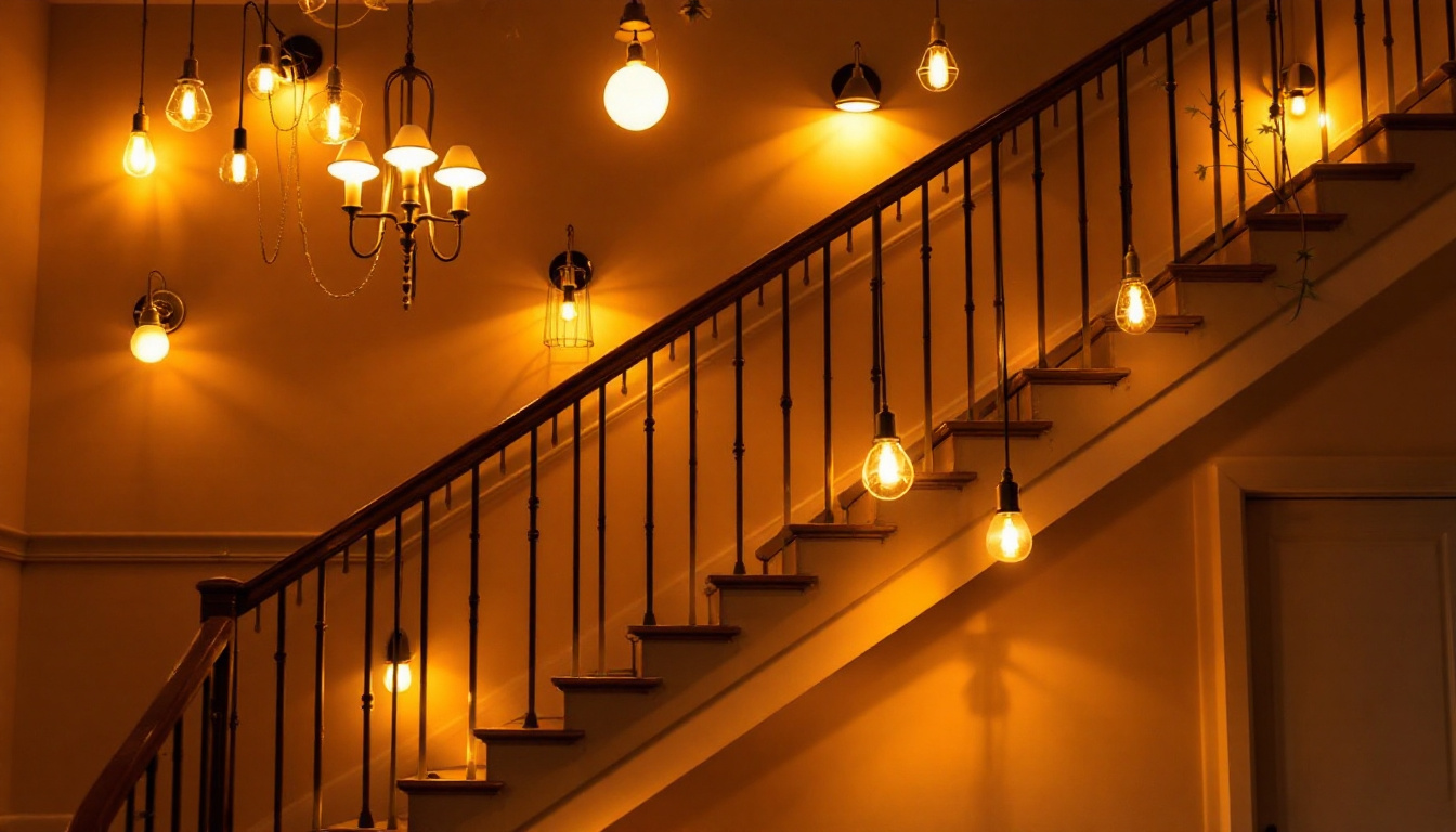 A photograph of a beautifully illuminated staircase featuring various light fixtures
