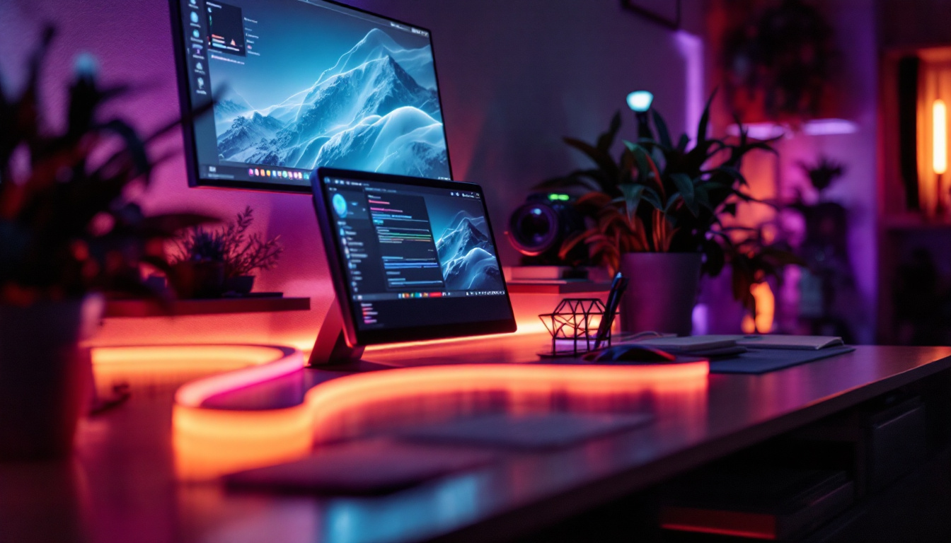 A photograph of capture a photograph of a modern workspace illuminated by vibrant 4 strip lights