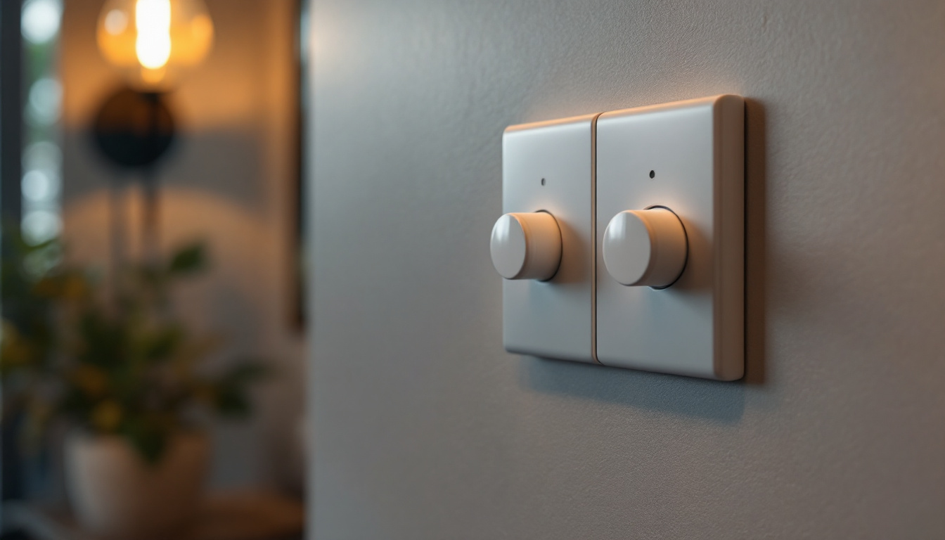 A photograph of a beautifully designed interior space featuring a three-way light switch in action