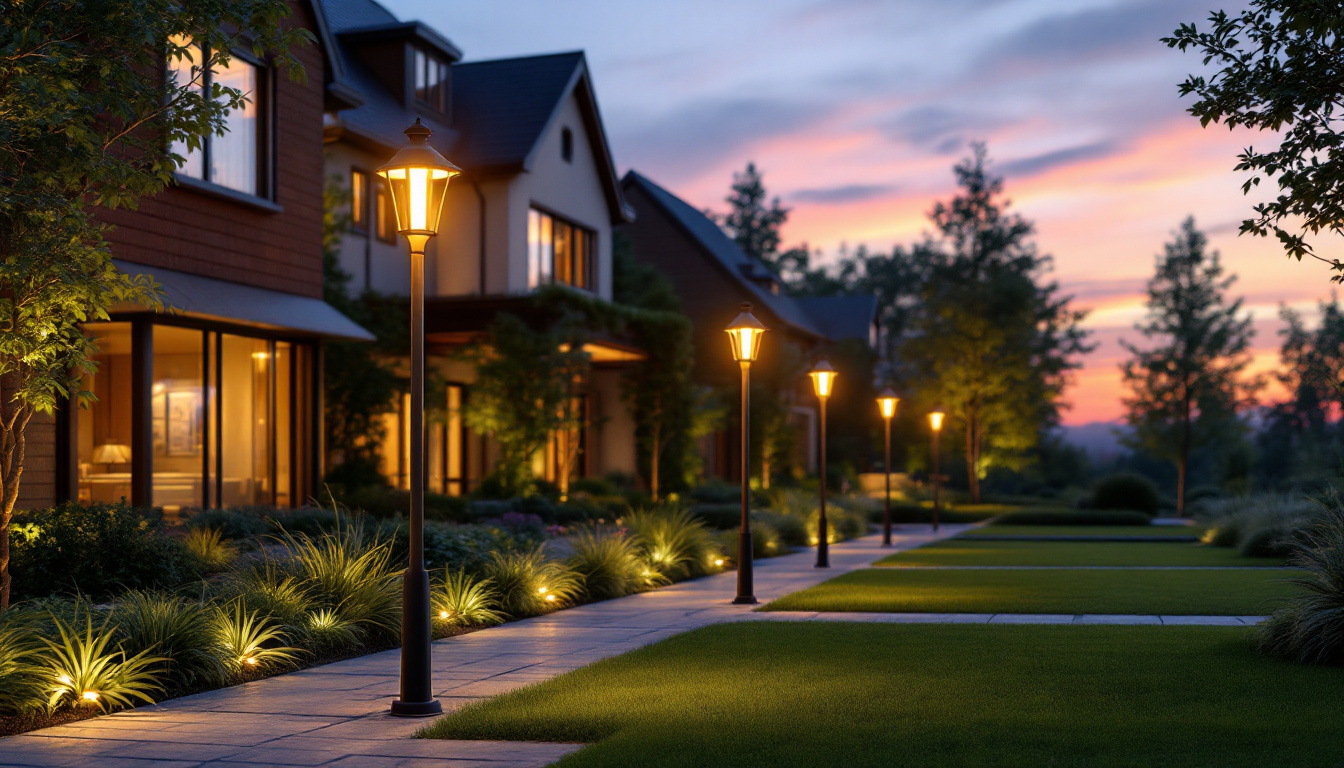 A photograph of a beautifully landscaped outdoor space featuring elegant yard light poles that illuminate the area at dusk