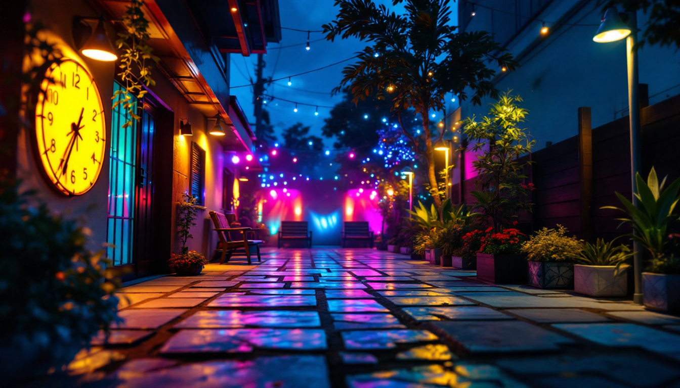 A photograph of a vibrant outdoor scene illuminated by colored flood lights