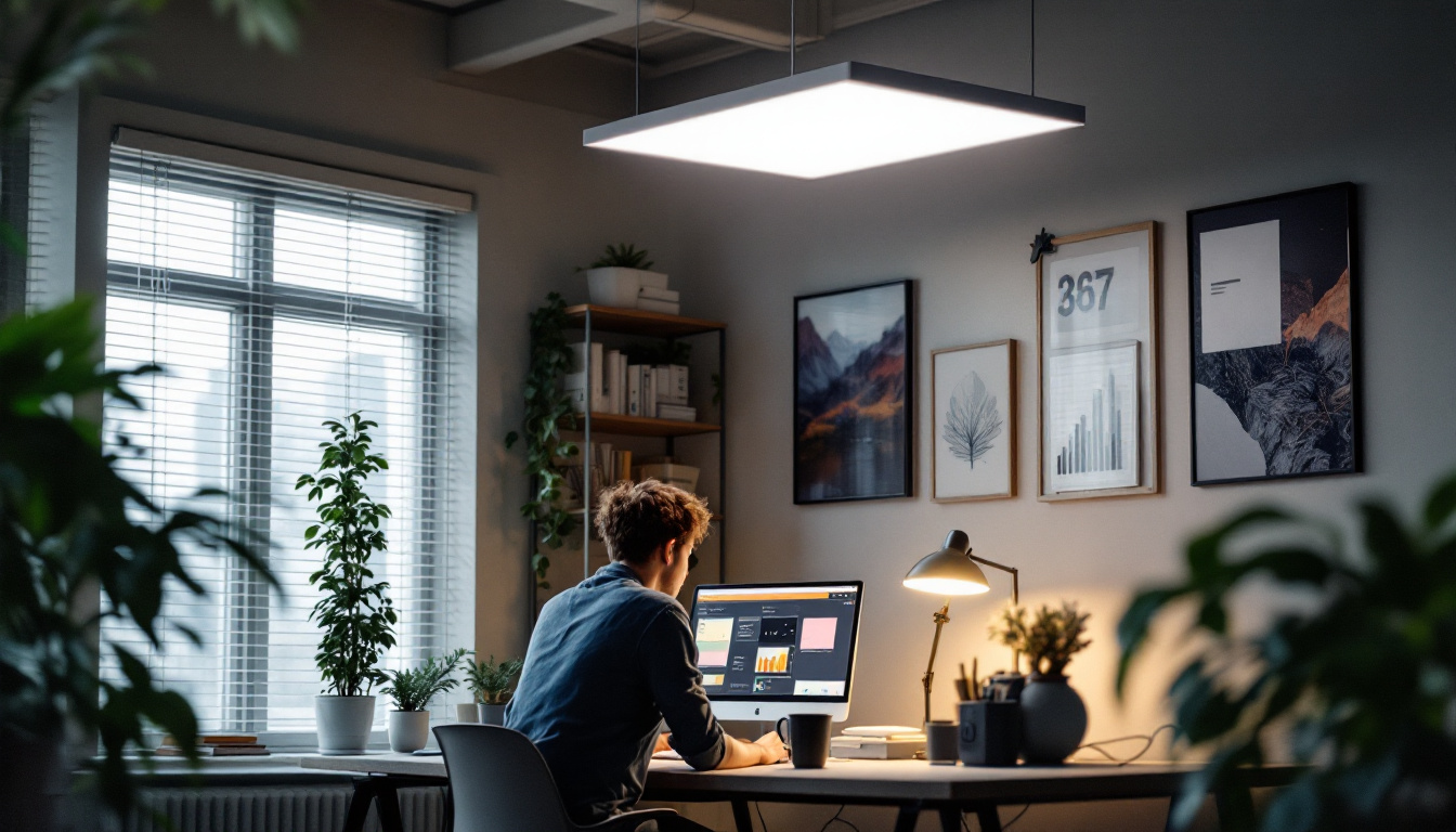A photograph of a modern workspace featuring a sleek flat panel 2x4 led light fixture illuminating the area