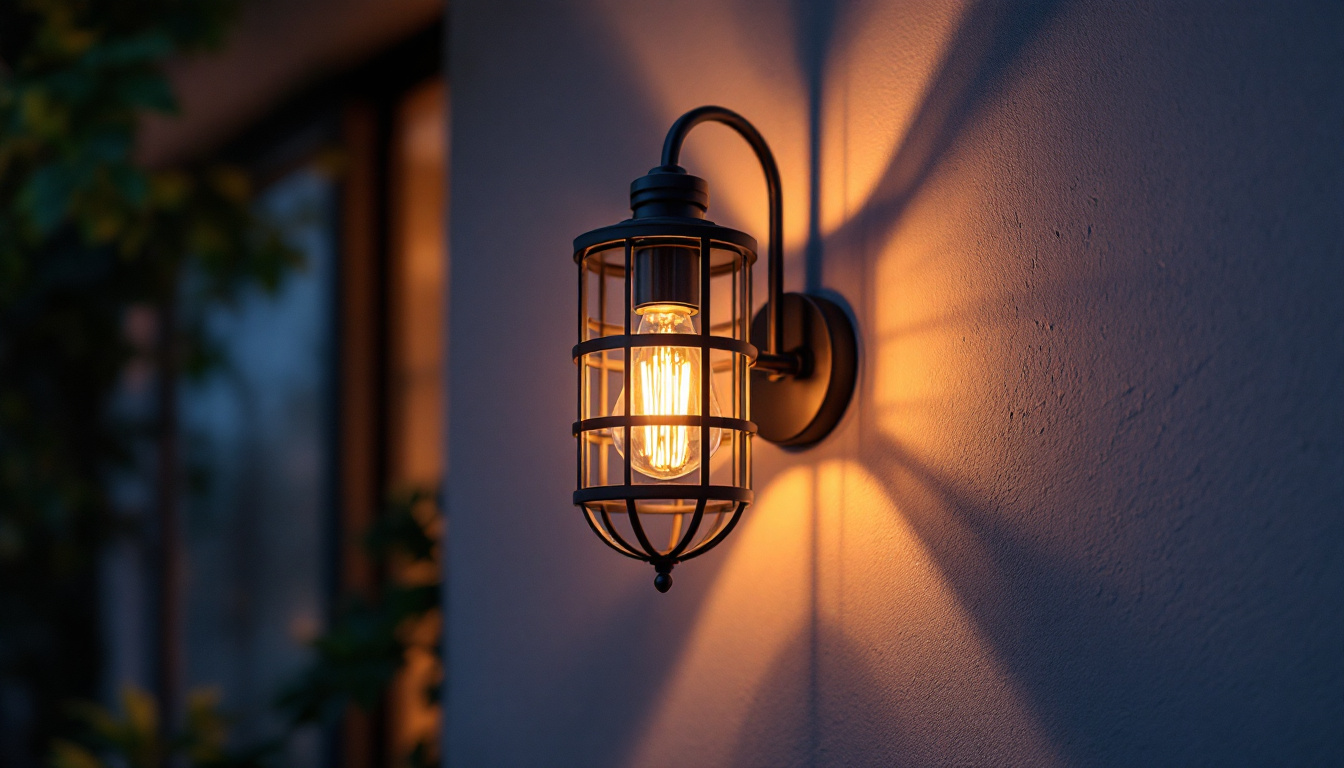 A photograph of a beautifully designed wall-mounted exterior light fixture illuminating a cozy outdoor space