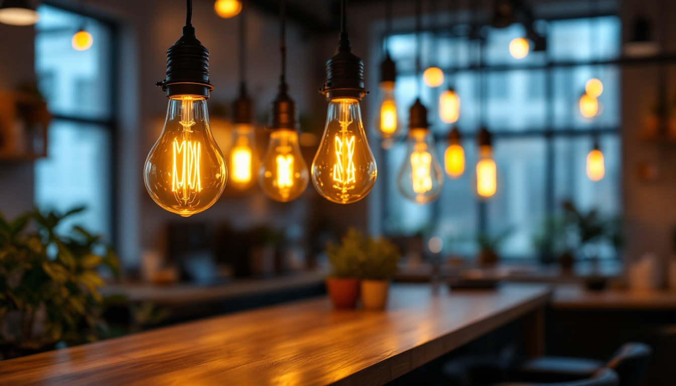 A photograph of a beautifully designed space illuminated by industrial led bulbs