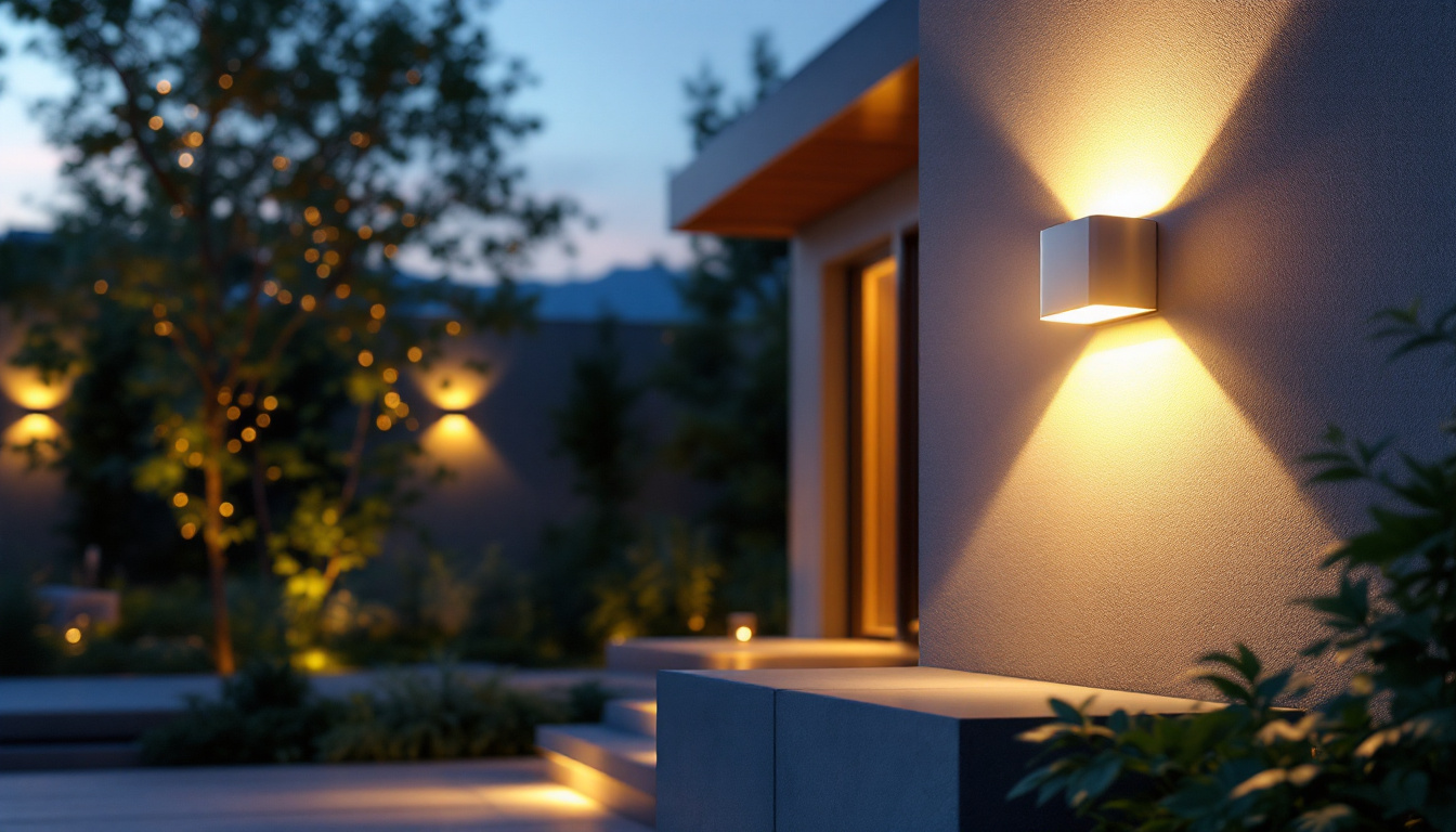 A photograph of a beautifully illuminated outdoor space featuring stylish exterior solar-powered wall lights