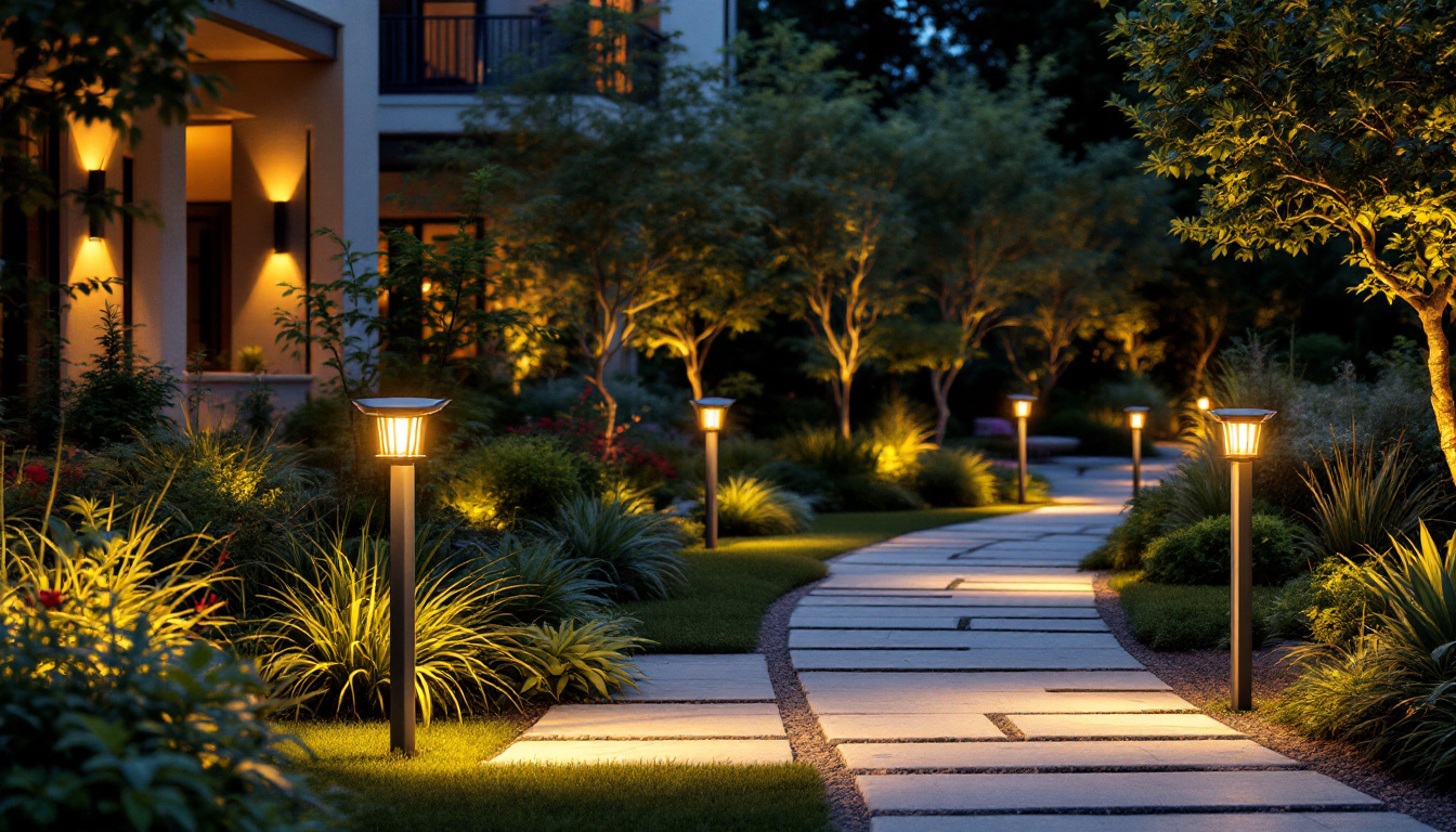 A photograph of a beautifully designed outdoor space featuring solar bollard lights illuminating pathways and landscaping