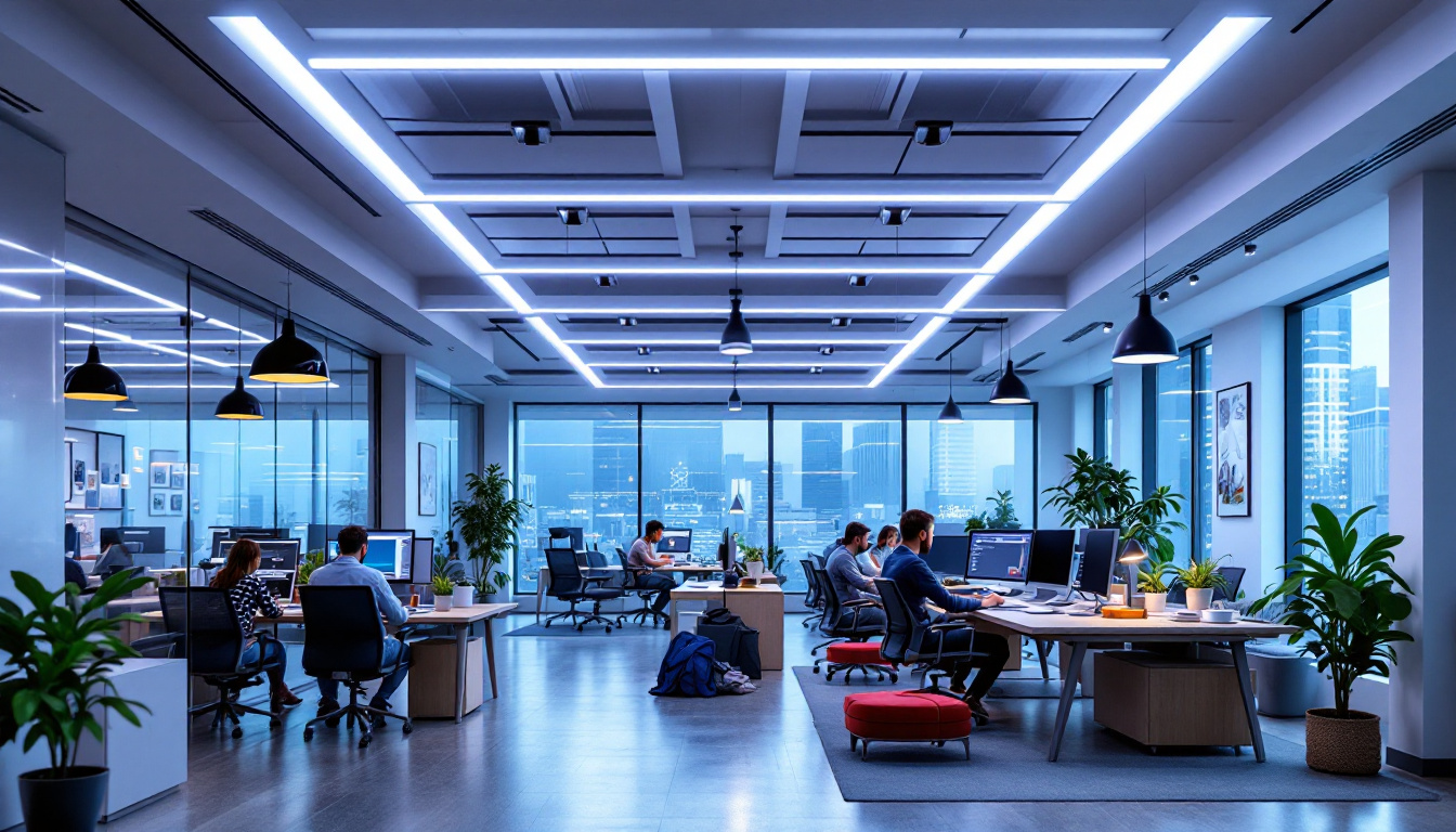 A photograph of a modern office space featuring sleek led ceiling lights