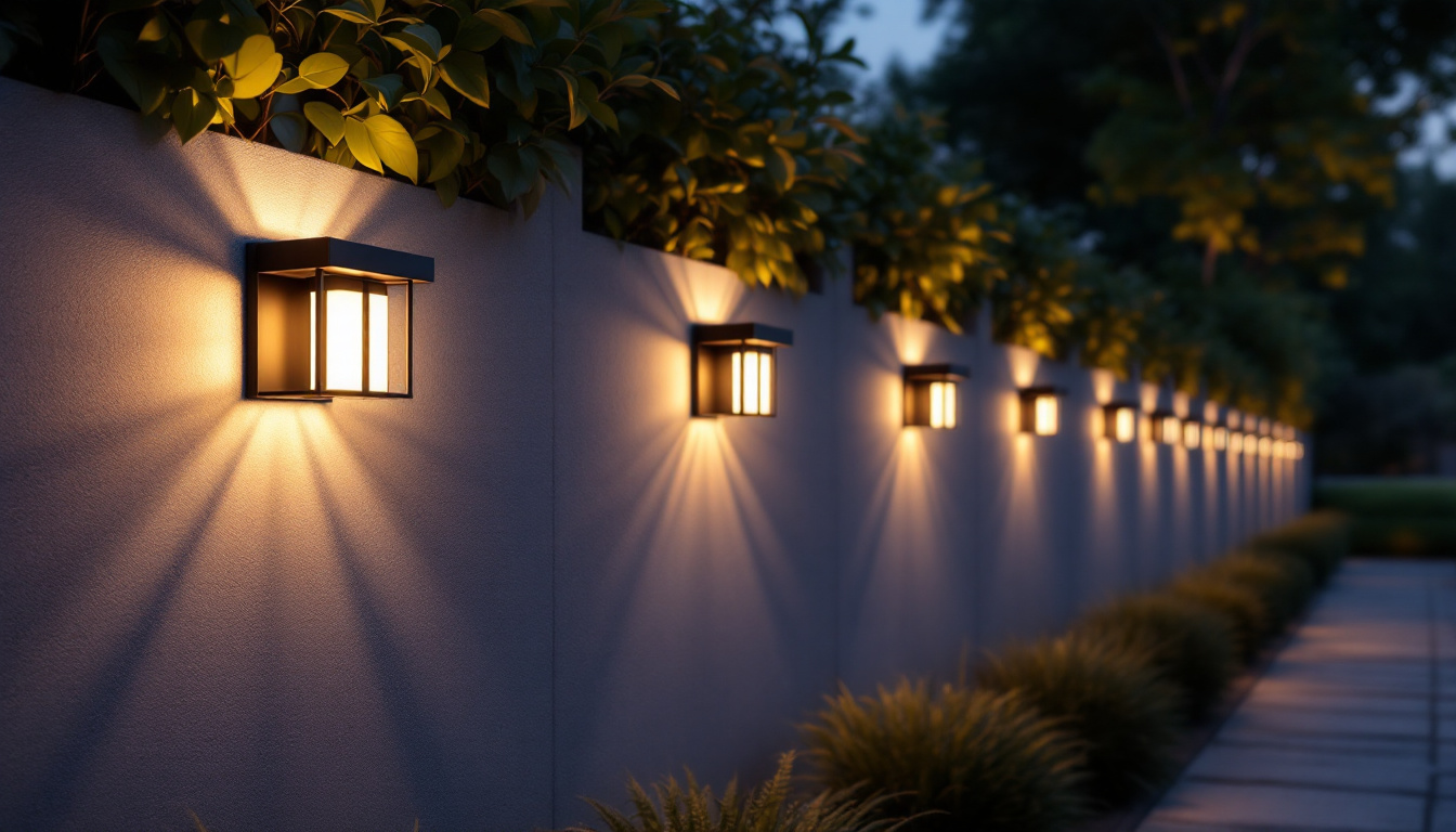 A photograph of a beautifully lit outdoor space featuring stylish wall solar lights illuminating a pathway or garden area at dusk
