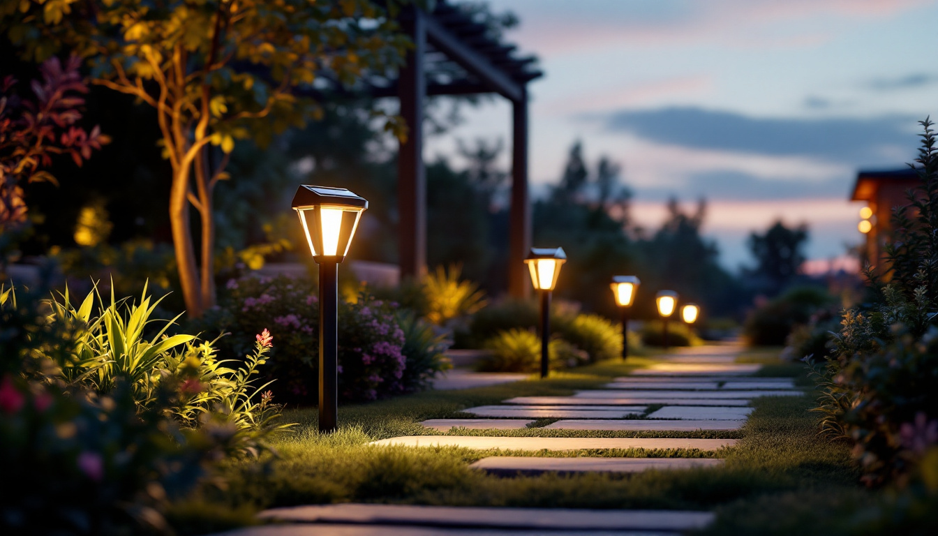 A photograph of a beautifully landscaped outdoor space illuminated by sleek