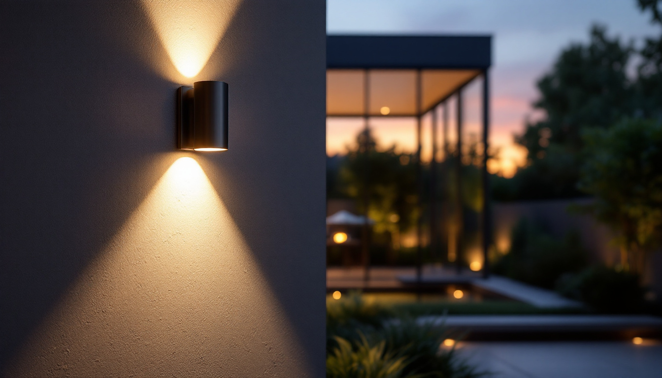 A photograph of a beautifully designed outdoor led wall light illuminating a modern outdoor space at dusk