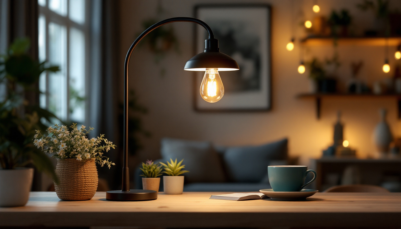 A photograph of a stylish gooseneck light fixture in a cozy