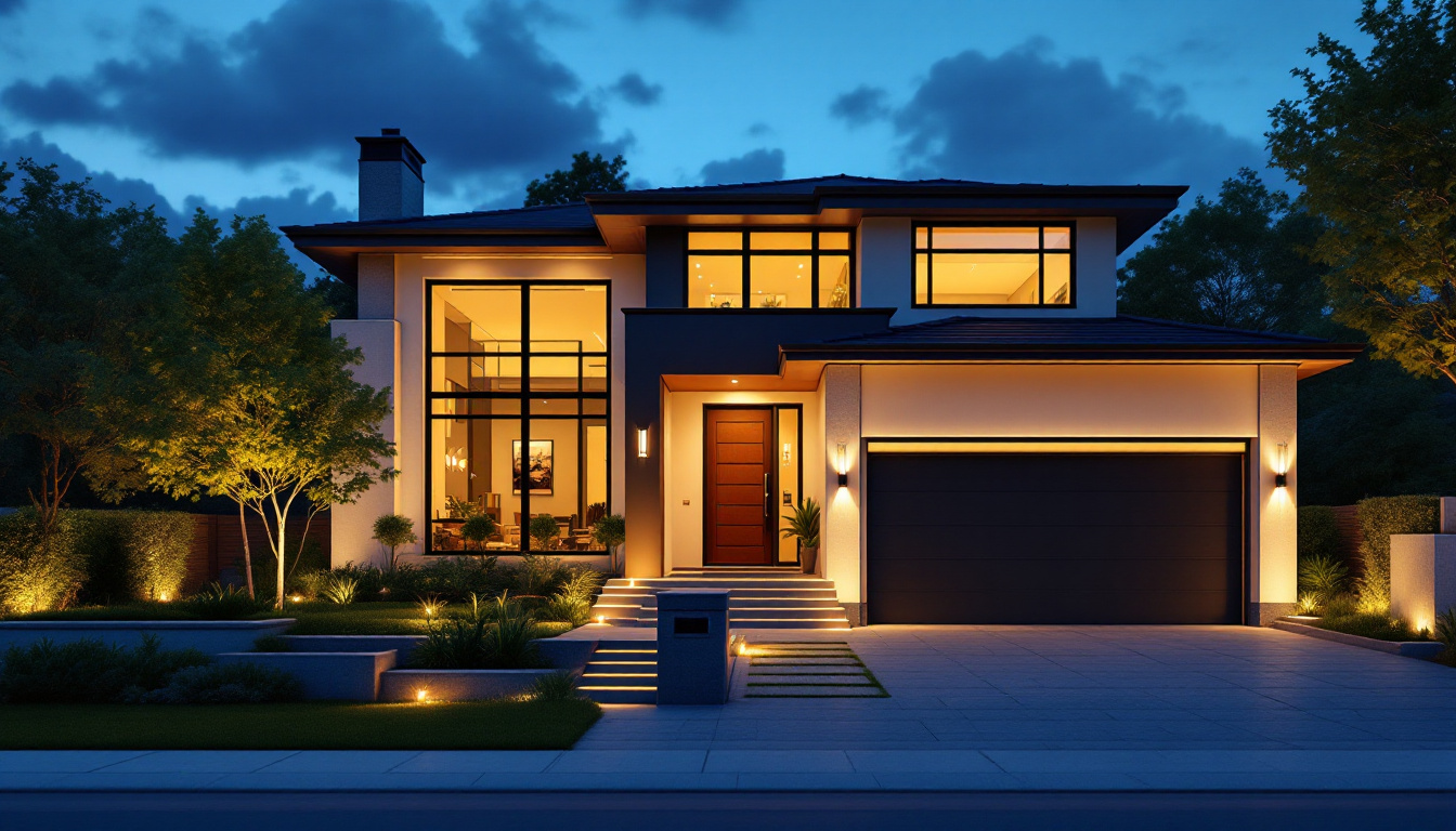 A photograph of a beautifully illuminated exterior of a modern home at dusk