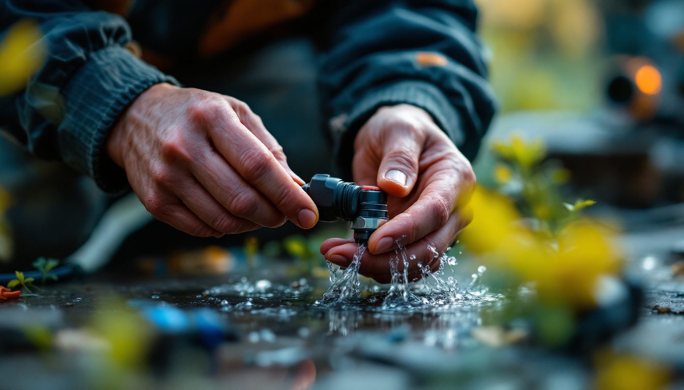 A photograph of a close-up shot of a skilled technician expertly wiring a waterproof connector in a vibrant outdoor setting