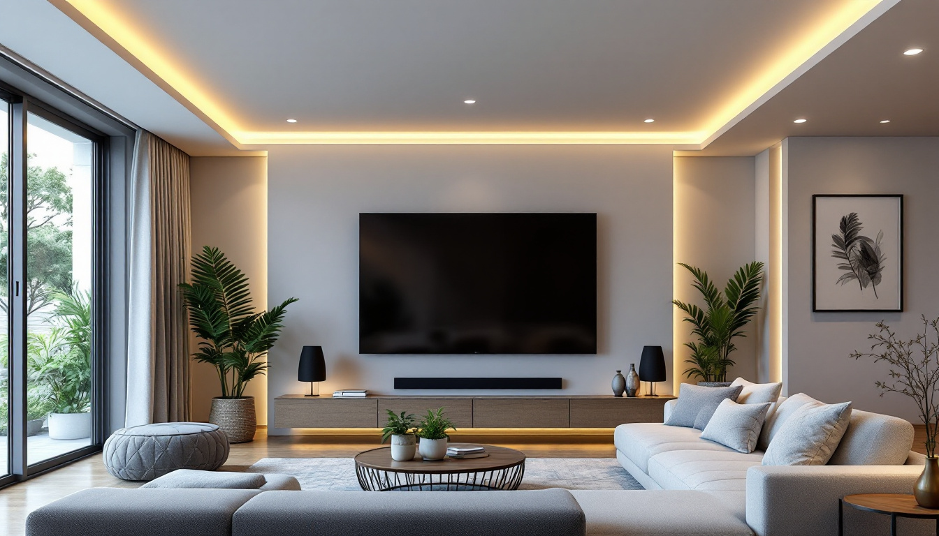 A photograph of a beautifully designed modern living space featuring various styles of 6-inch recessed light trims installed in the ceiling