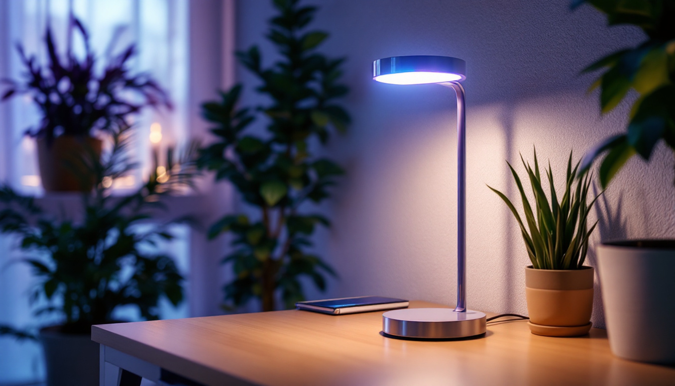 A photograph of a modern indoor setting showcasing a stylish lamp equipped with a cheap germicidal uv light