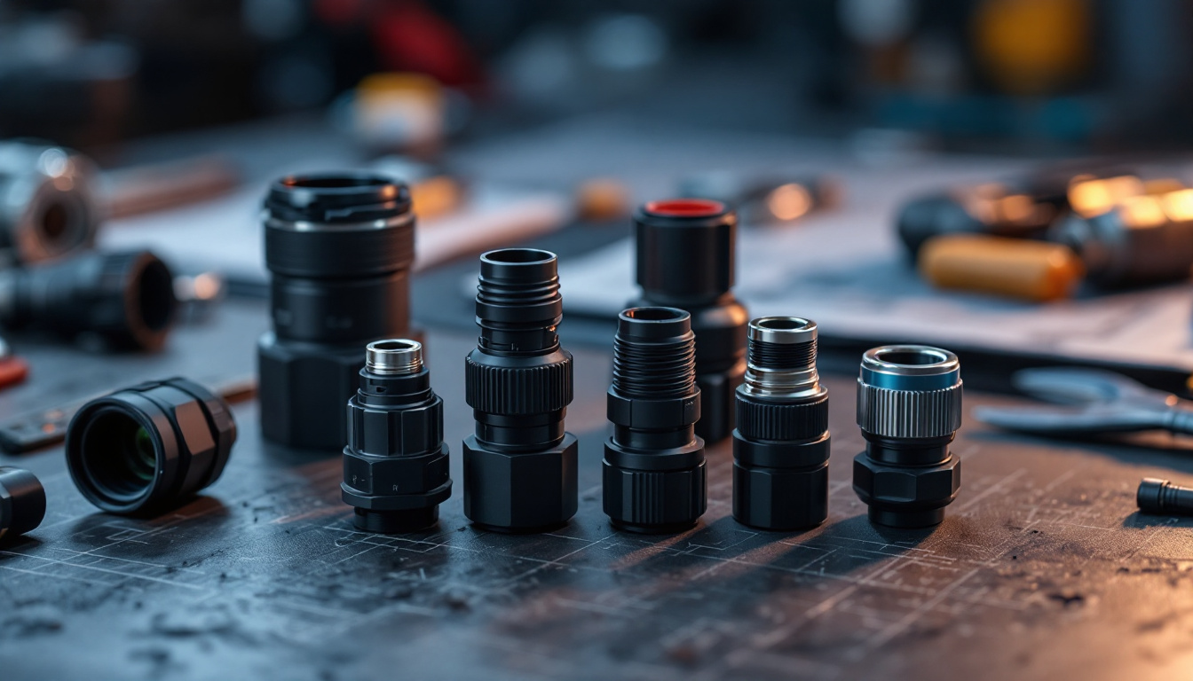 A photograph of a close-up shot of various waterproof wire connectors arranged on a workbench