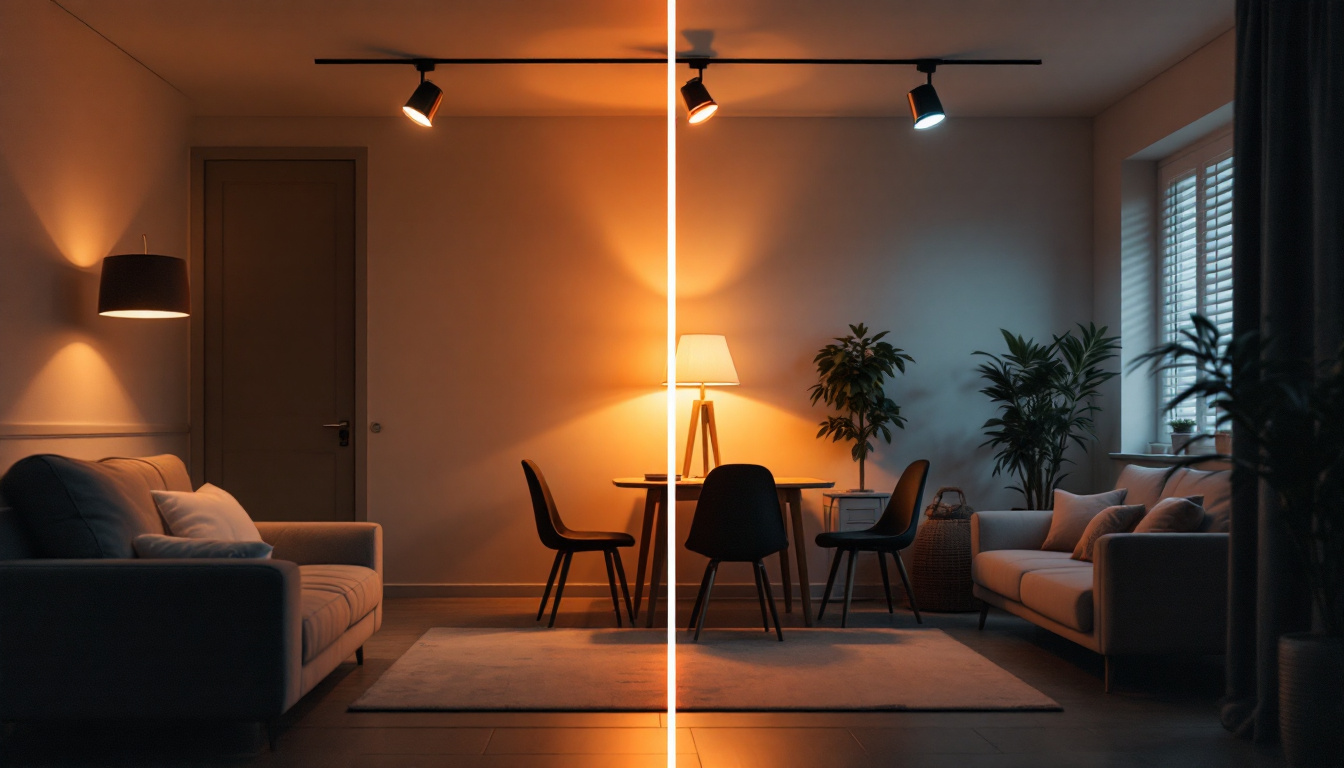A photograph of a well-lit room showcasing a before-and-after comparison of canned light fixtures