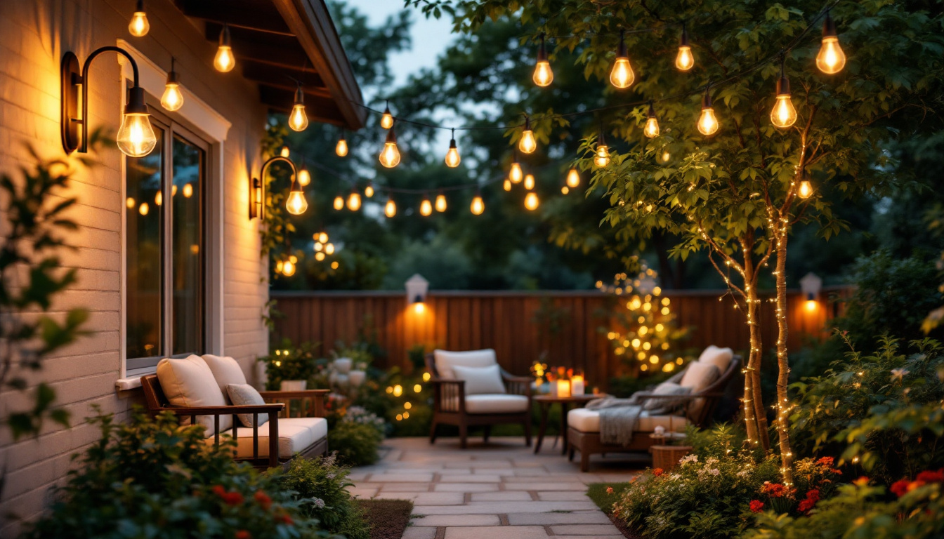 A photograph of a beautifully lit outdoor space featuring gooseneck lighting fixtures