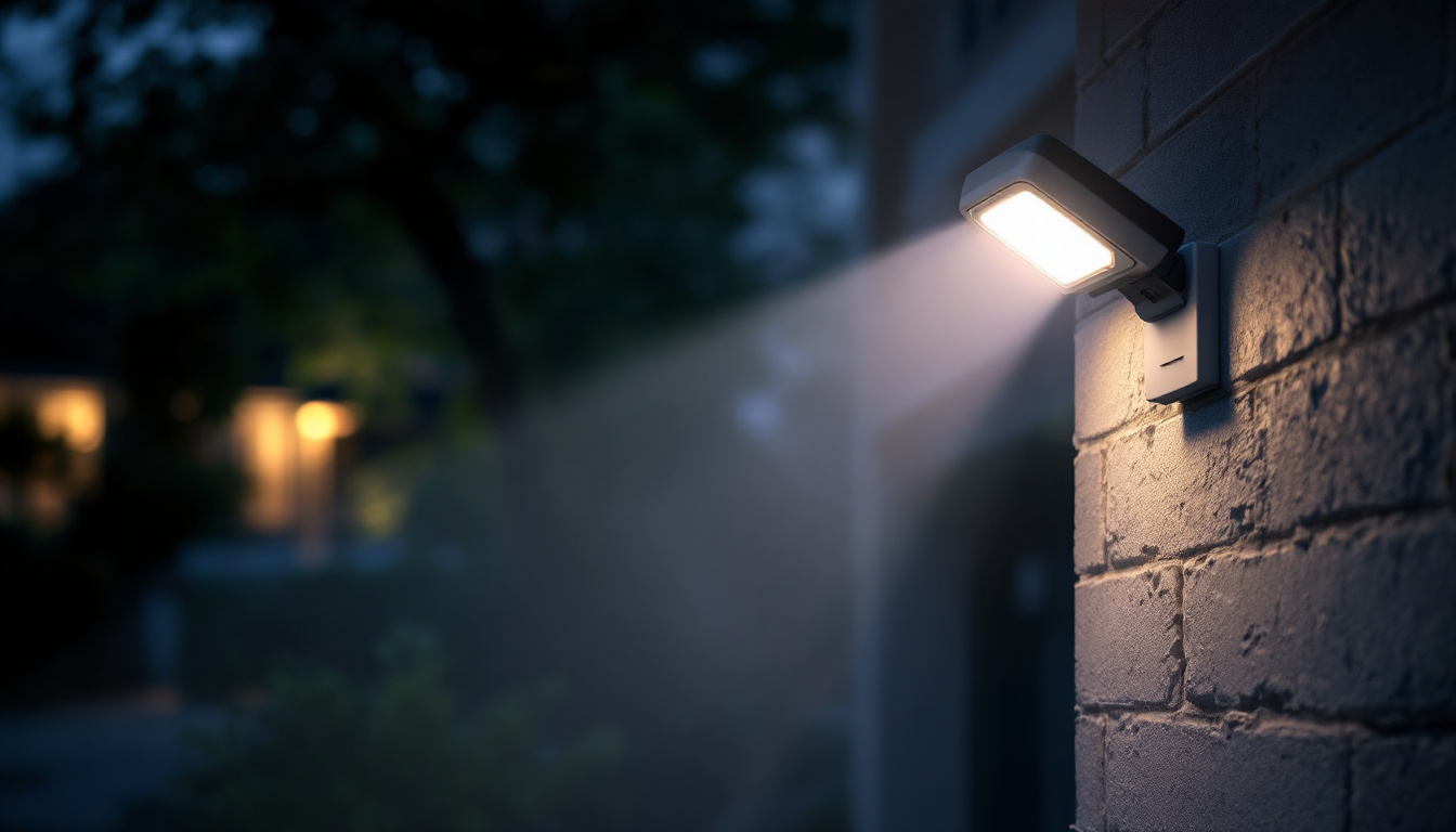 A photograph of a dusk-to-dawn security light illuminating a residential area