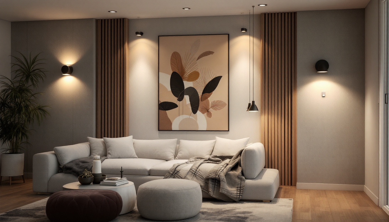 A photograph of a stylishly designed room featuring various lighting fixtures equipped with motion light sensors