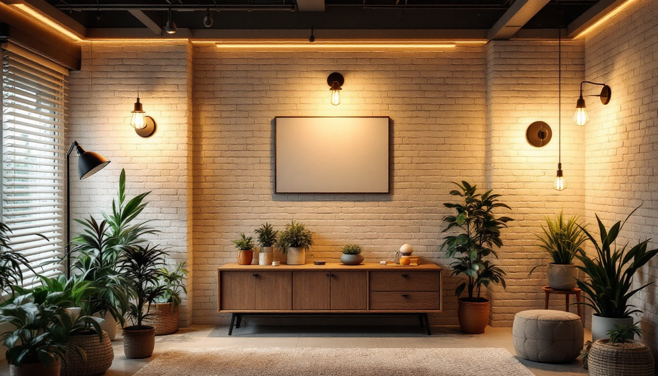 A photograph of a well-lit basement space showcasing a variety of stylish and functional light fixtures