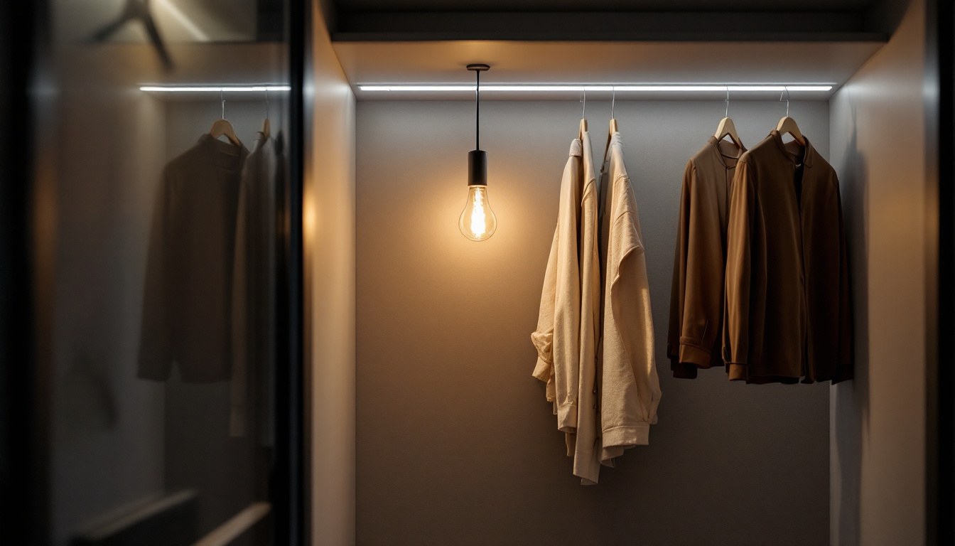 A photograph of a stylishly designed closet featuring a pull string light