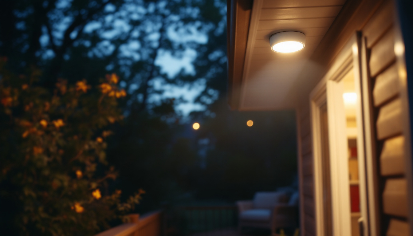 A photograph of a beautifully illuminated back porch featuring a motion-sensor ceiling light in action