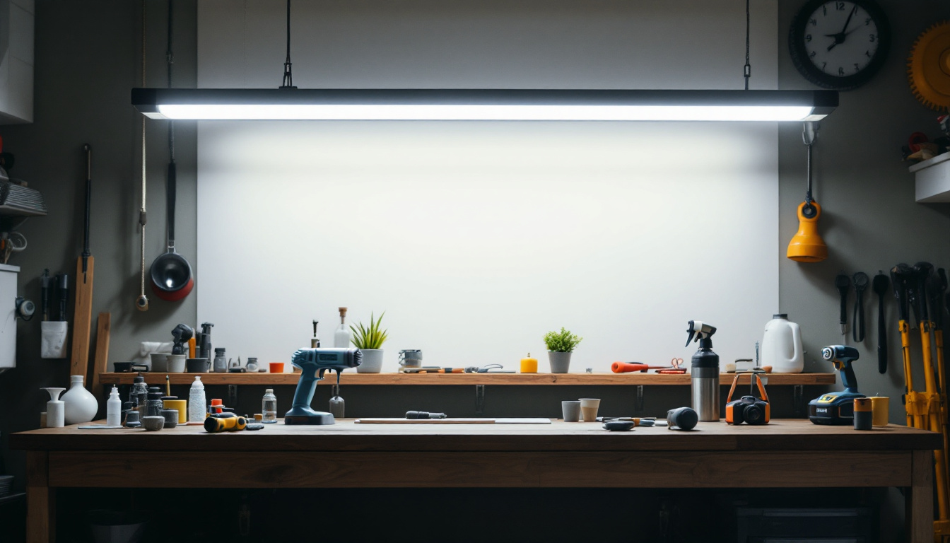A photograph of a well-lit workshop or garage scene featuring an 8' led shop light fixture in use