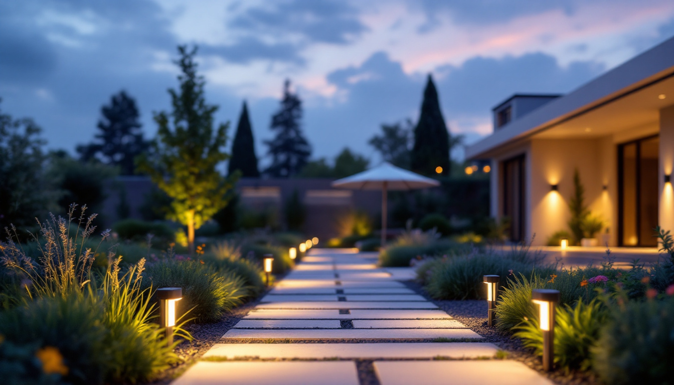 A photograph of a beautifully designed outdoor space featuring strategically placed solar flood lights illuminating pathways and highlighting landscaping elements