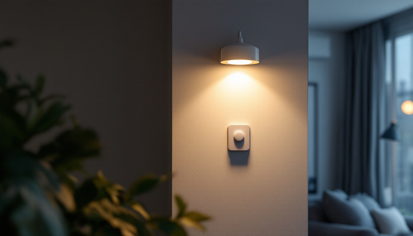 A photograph of a modern living space featuring a stylish light fixture with a motion sensor activated