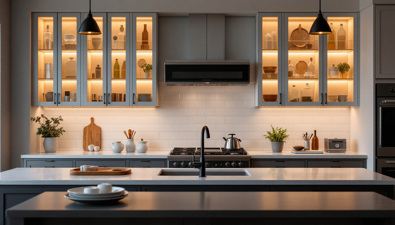 A photograph of a beautifully designed kitchen or living space showcasing elegant over cabinet lighting that highlights the cabinetry and enhances the overall ambiance