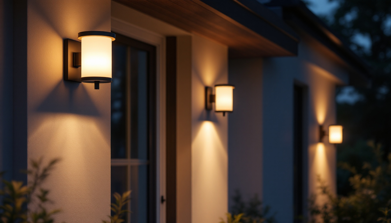 A photograph of capture a photograph of an aesthetically pleasing outdoor setting featuring various styles of wall-mounted exterior lights illuminating a home's entrance