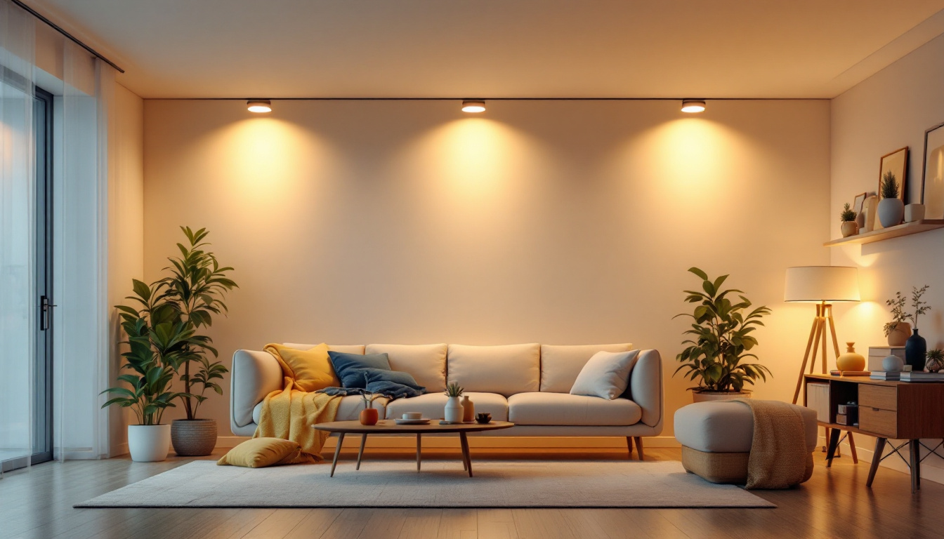 A photograph of a well-lit room showcasing six recessed can lights in an aesthetically pleasing setting