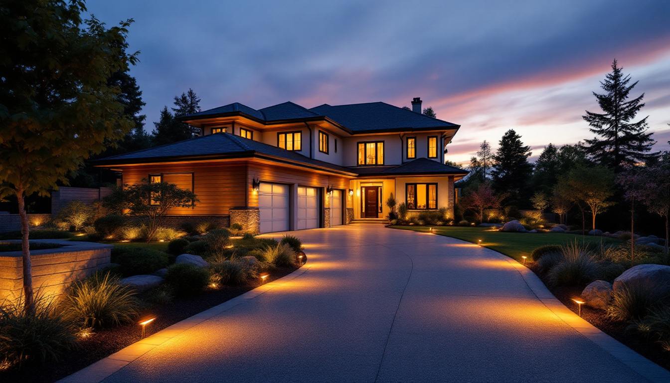 A photograph of a beautifully illuminated driveway at dusk
