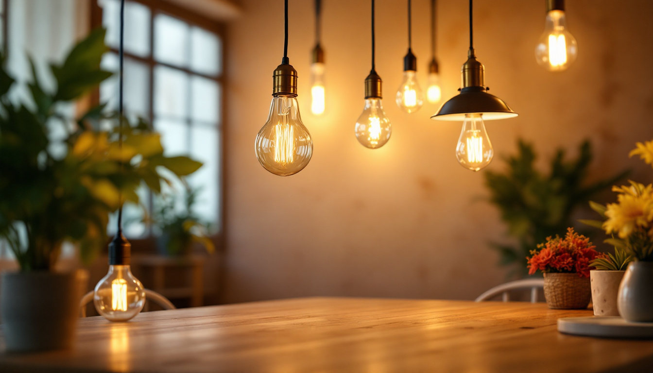A photograph of a beautifully lit room showcasing a variety of inexpensive light bulbs in stylish fixtures