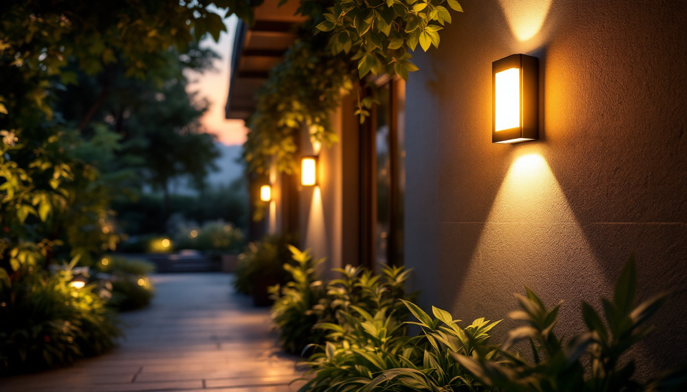 A photograph of a beautifully illuminated outdoor space featuring solar-powered wall-mounted lights