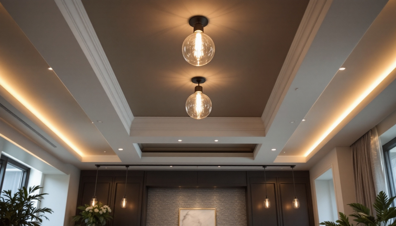A photograph of a beautifully designed interior space featuring a drop ceiling with stylish lighting fixtures