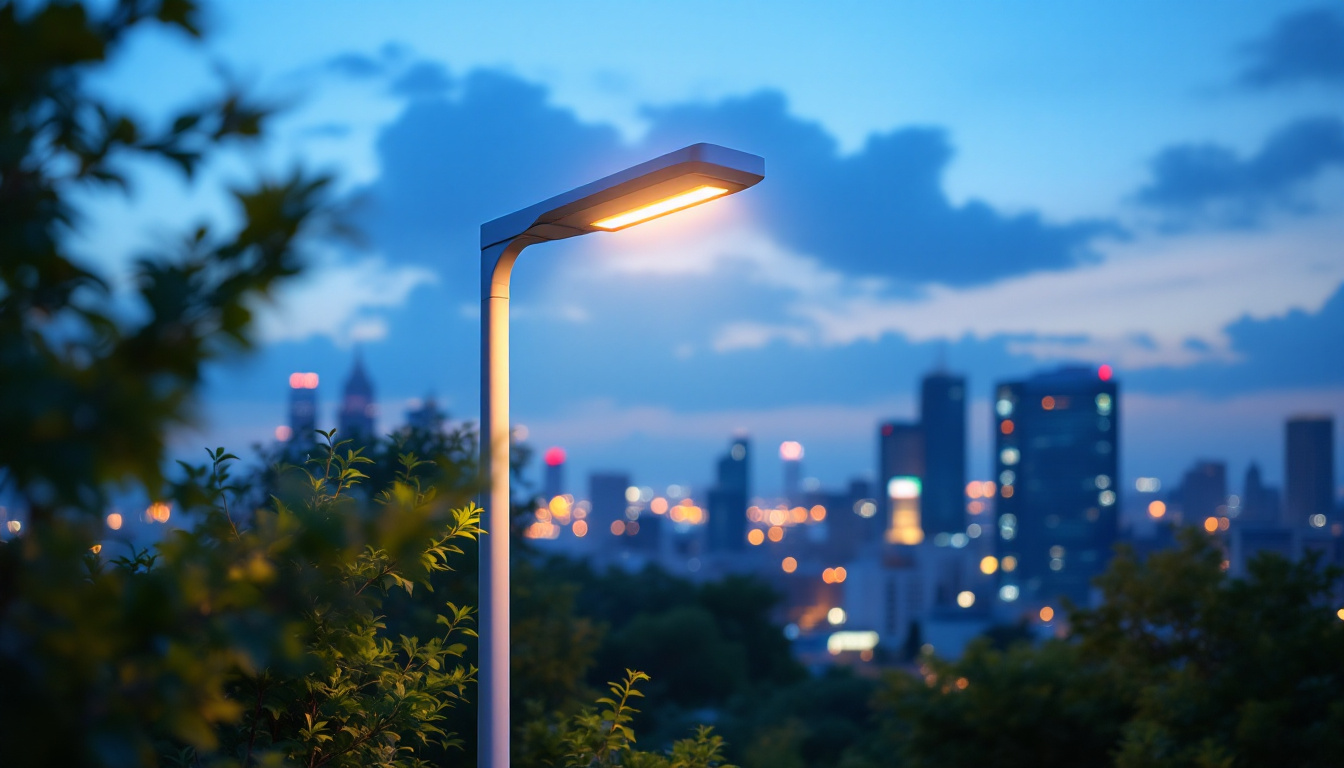 A photograph of a modern led light pole illuminated at dusk