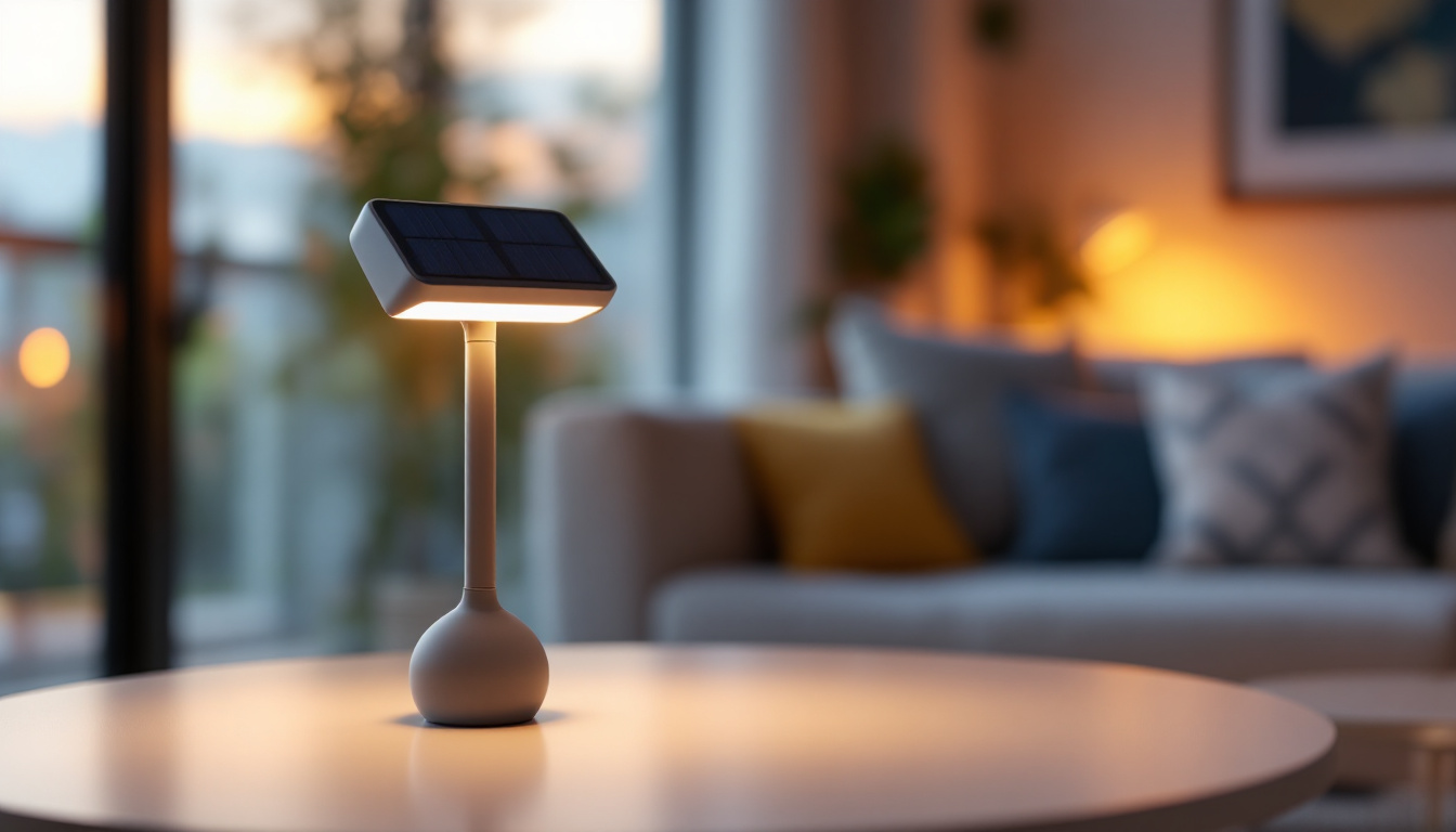 A photograph of a stylish solar-powered table lamp illuminated in a cozy