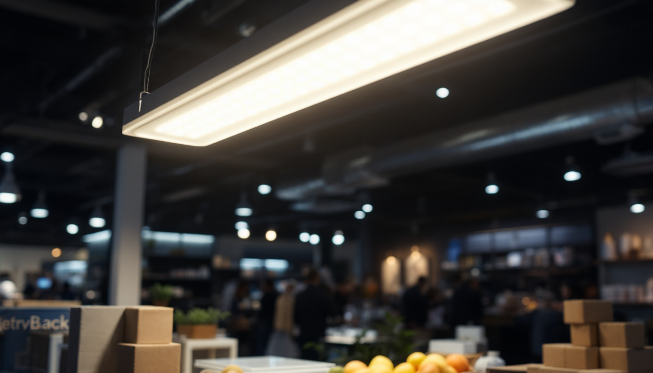 A photograph of capture a photograph of a modern 4ft led shop light fixture installed in a retail environment