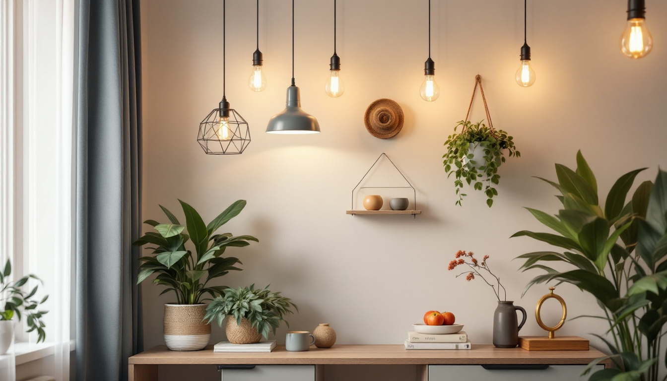 A photograph of a beautifully styled interior featuring light hangers elegantly displaying various decorative items