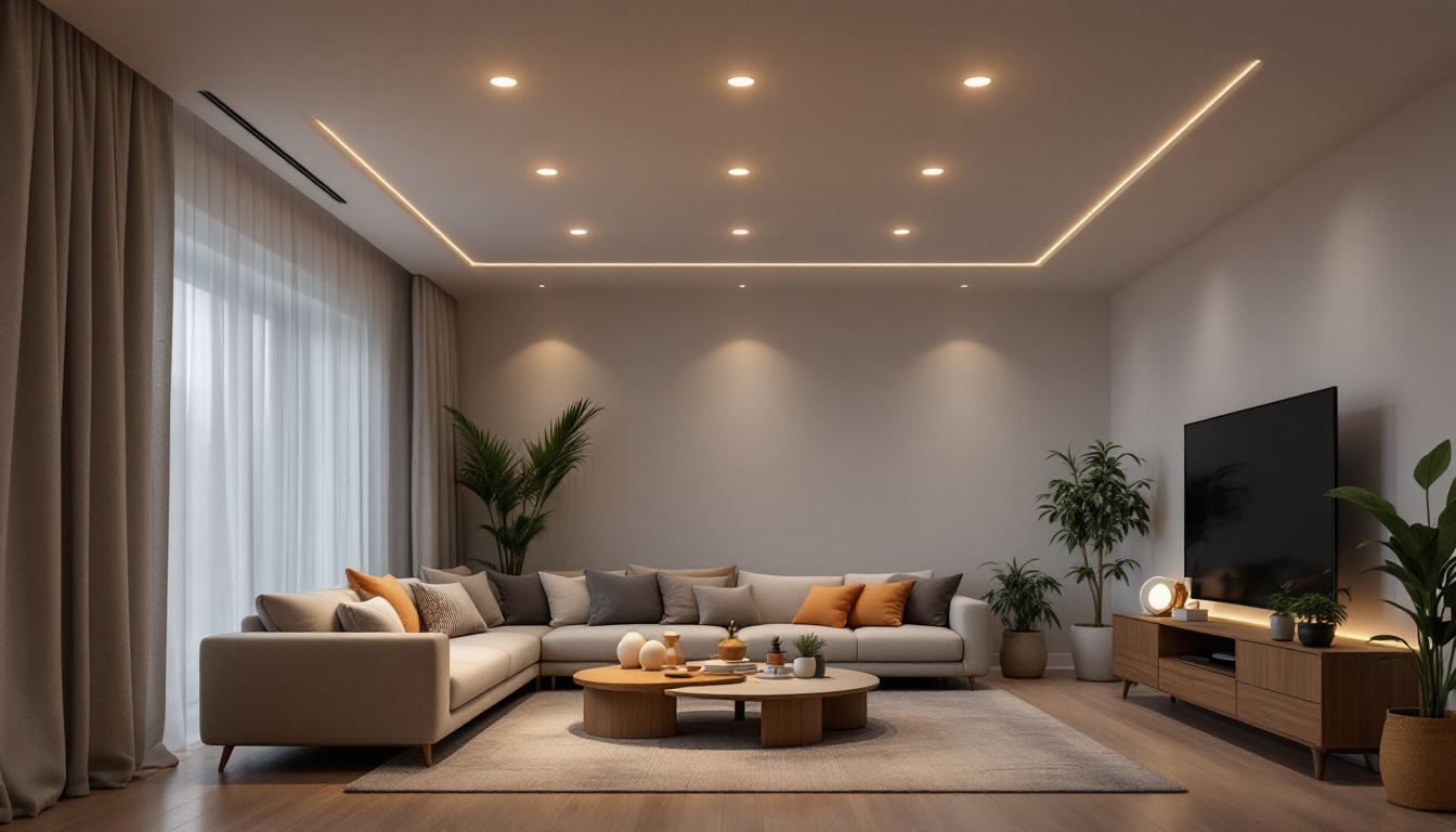 A photograph of a modern living space showcasing recessed led ceiling lights in action