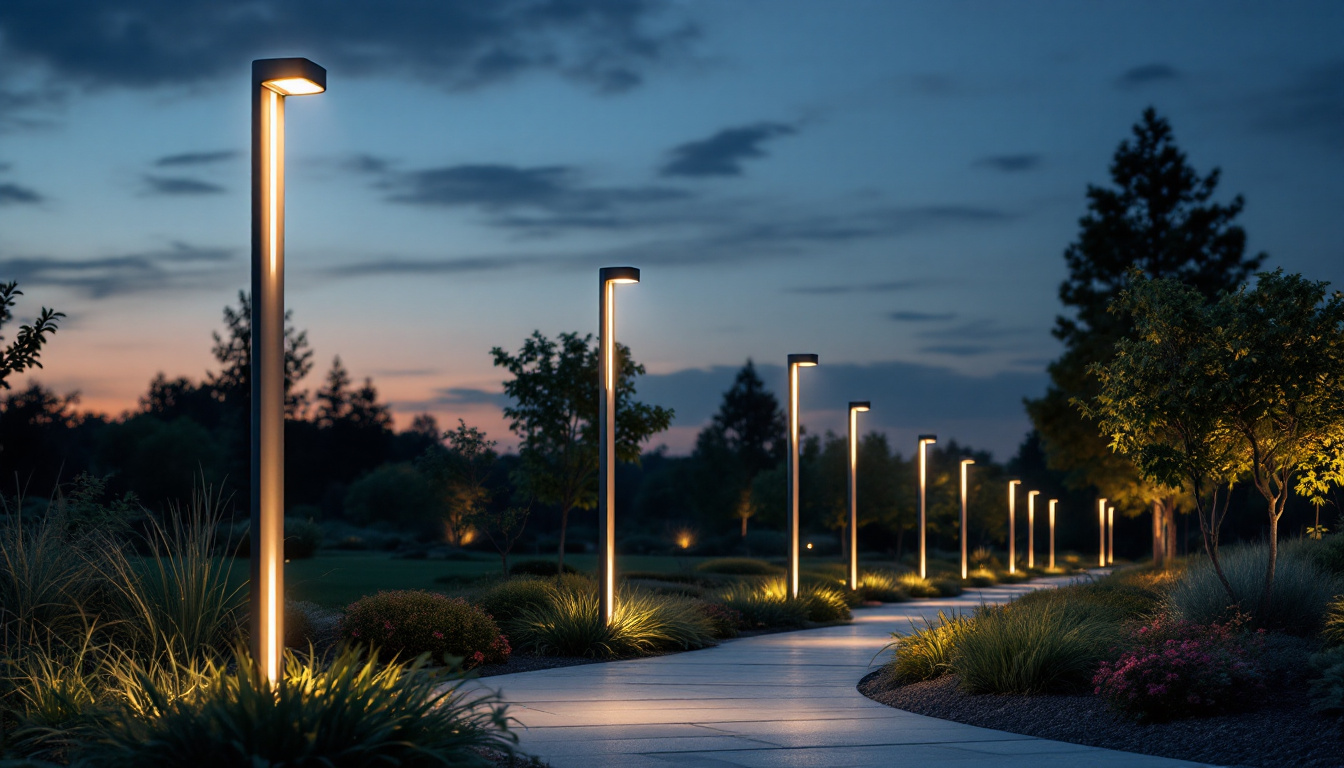 A photograph of capture a photograph of a modern outdoor lighting installation featuring sleek