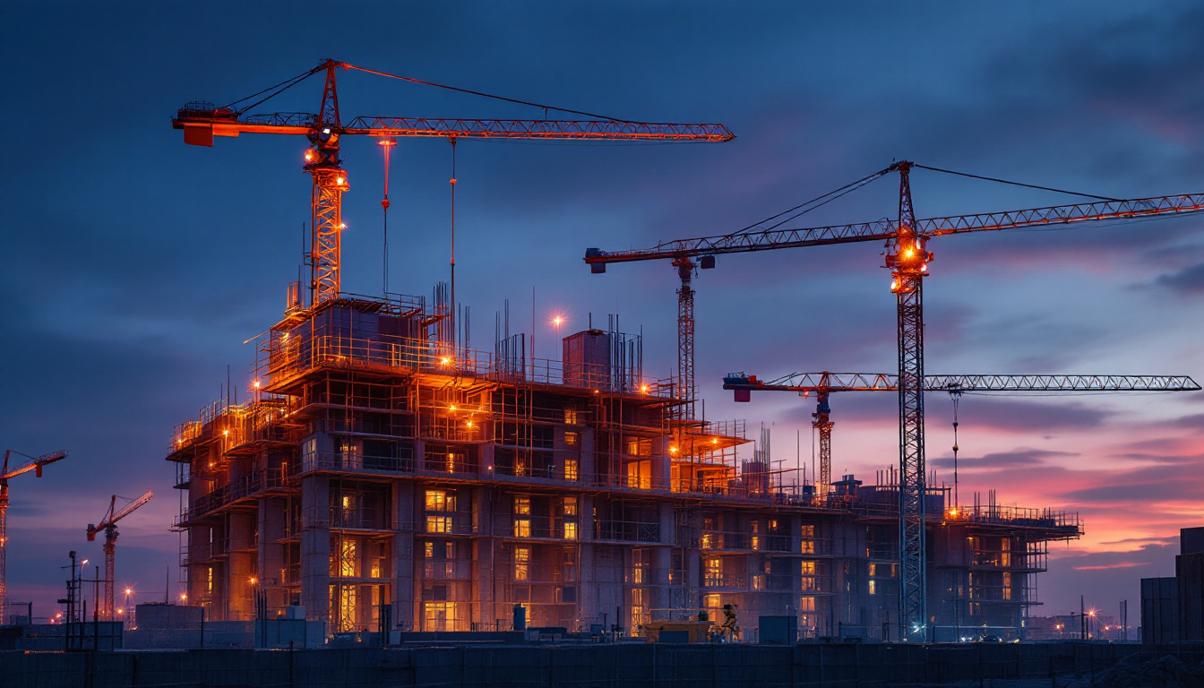 A photograph of a well-lit construction site at dusk