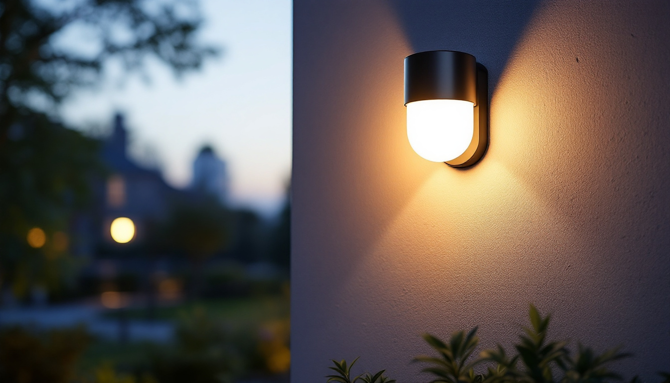 A photograph of a beautifully illuminated solar wall sconce mounted on an exterior wall during dusk