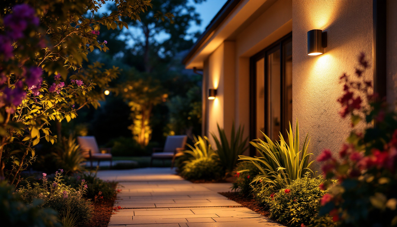 A photograph of a beautifully illuminated outdoor space featuring solar sconces that highlight landscaping and architectural elements
