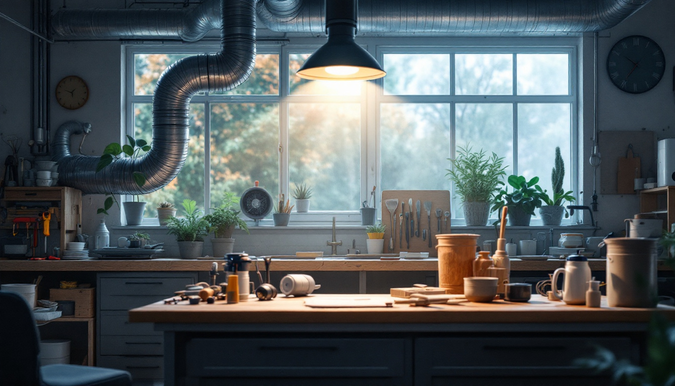 A photograph of a well-lit workshop environment featuring an exhaust fan in action