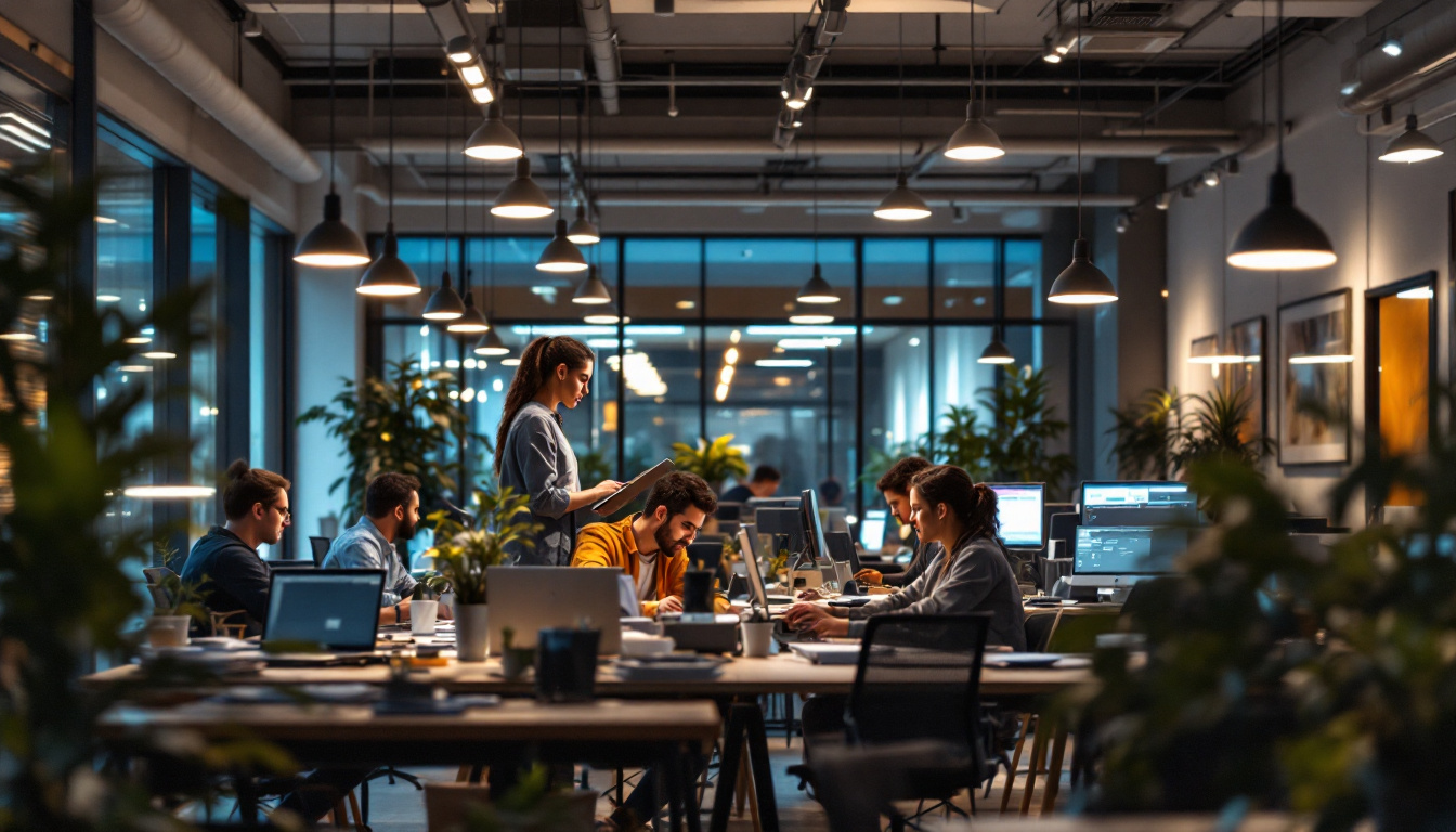 A photograph of a modern office space featuring bright