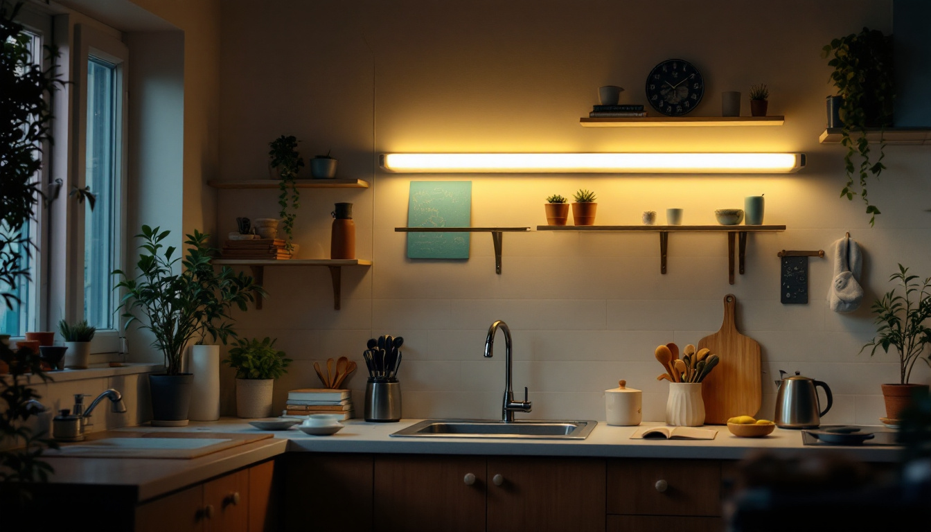 A photograph of a well-lit indoor space featuring a 4-foot fluorescent tube light illuminating various everyday activities